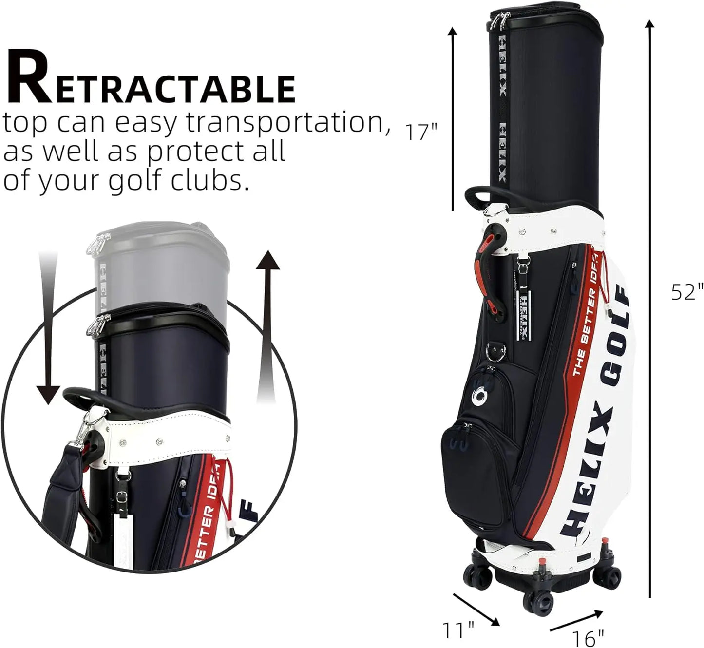 Helix Golf Bag With Wheels And Retractable Cover For Travel