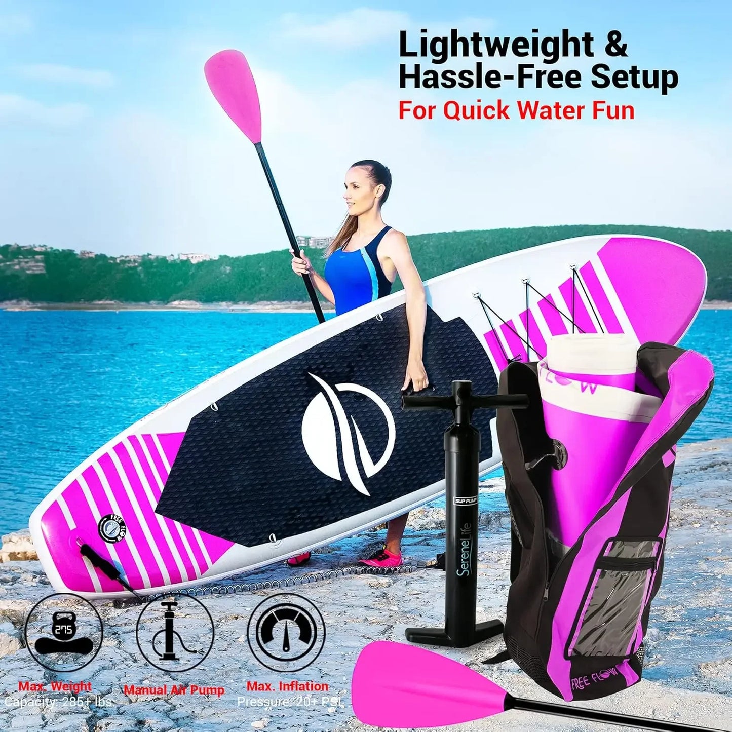 SereneLife Inflatable SUP Stand Up Paddle Board Pink Kit