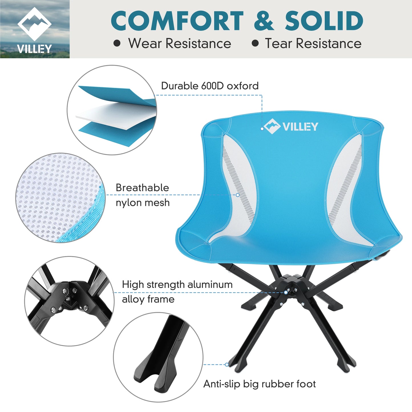 Villey Portable Folding Chair For Camping Beach Hiking 330 Lbs