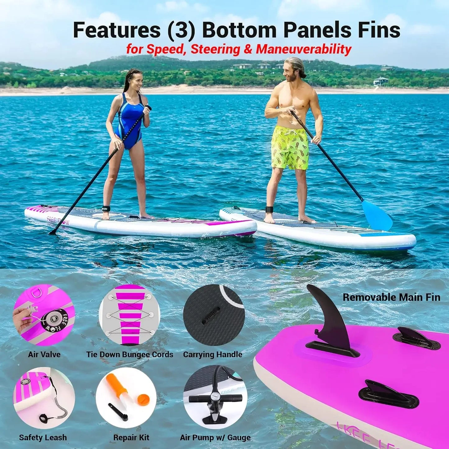 SereneLife Inflatable SUP Stand Up Paddle Board Pink Kit