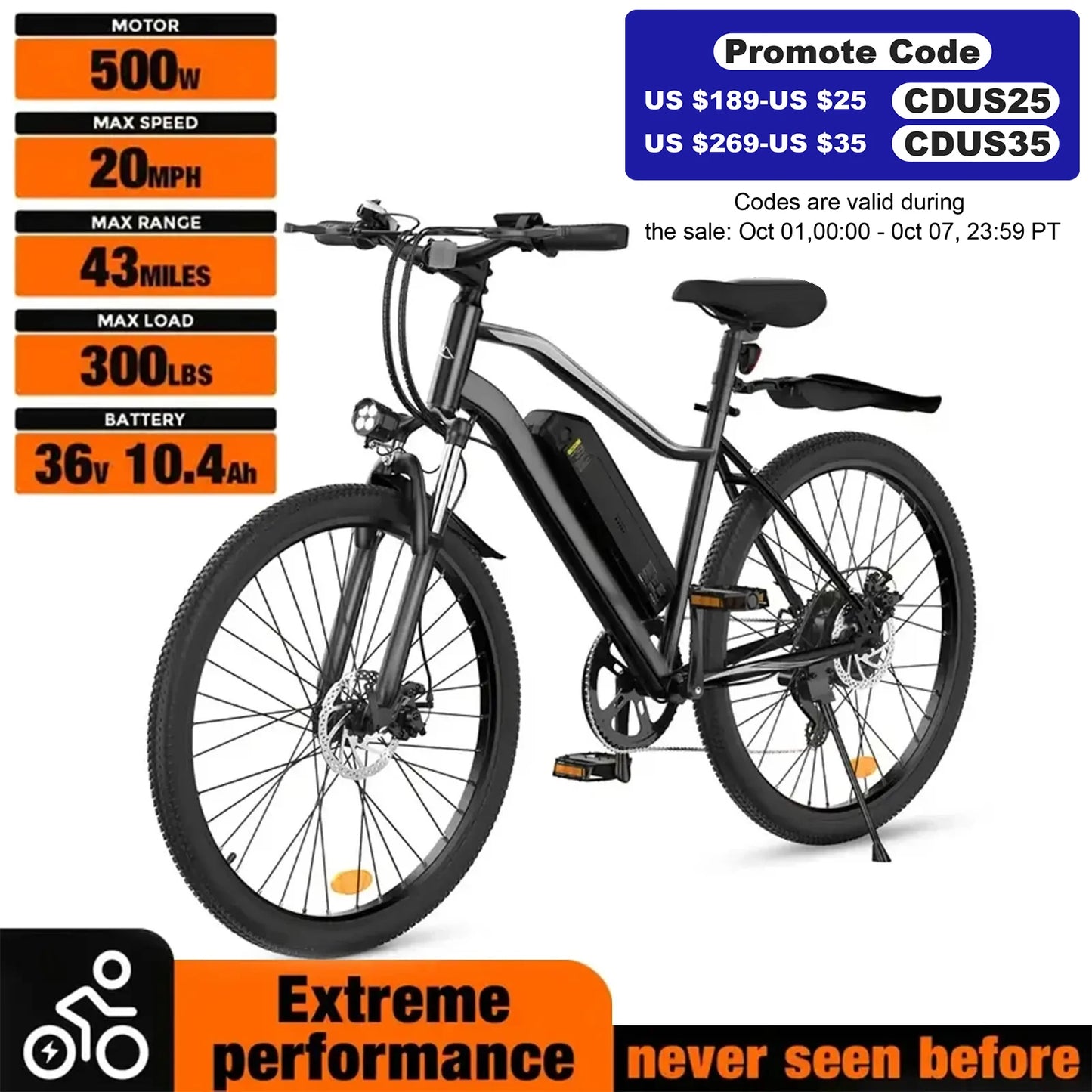 Electric Mountain Bike 500W Brushless Motor 23MPH All Terrain