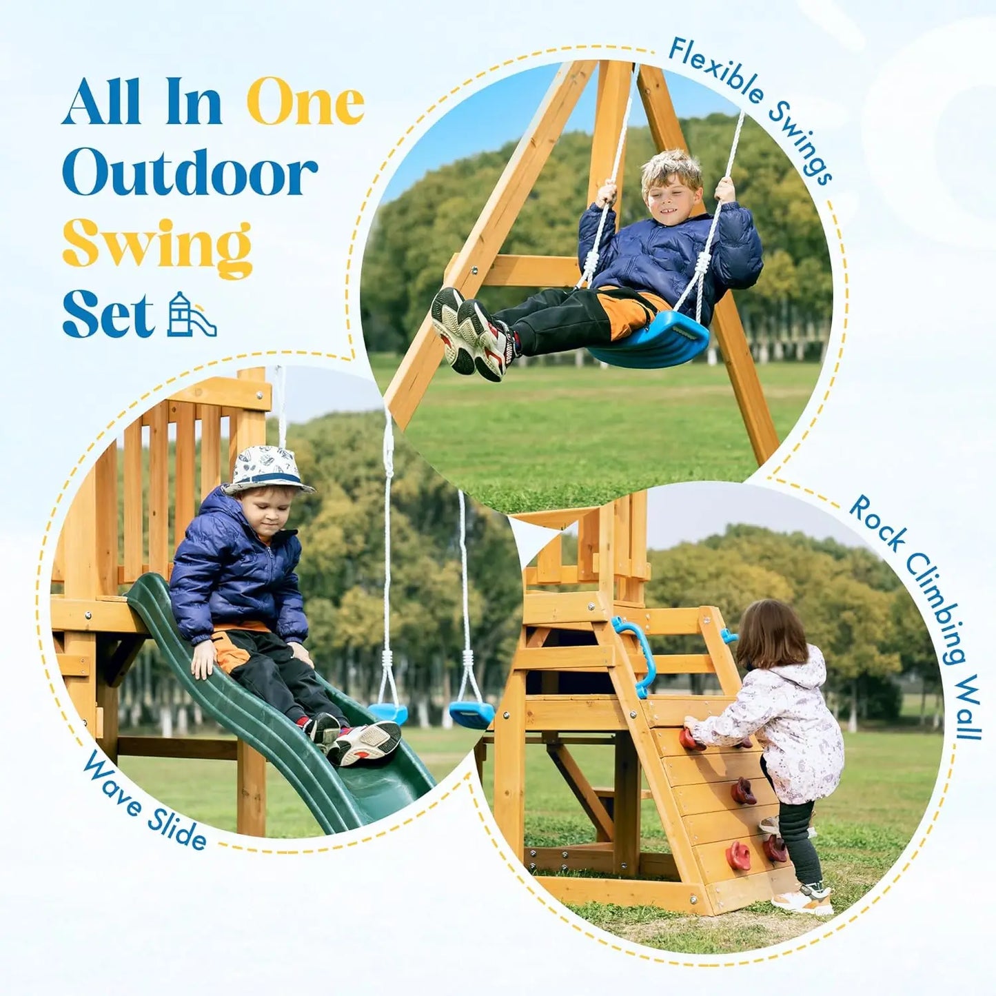 Rolife Robud Wooden Swing Set With Dual Swings Slide Fort