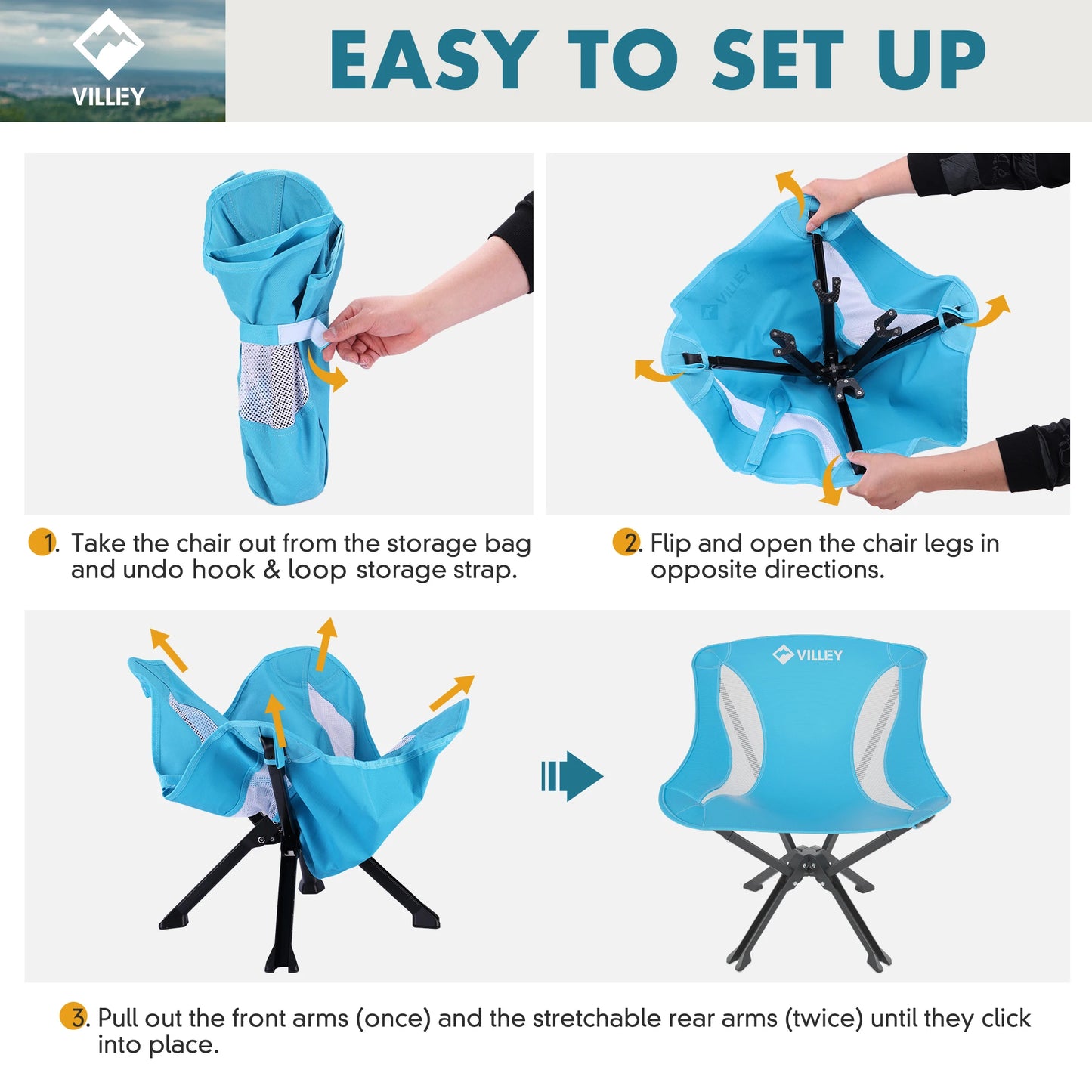 Villey Portable Folding Chair For Camping Beach Hiking 330 Lbs