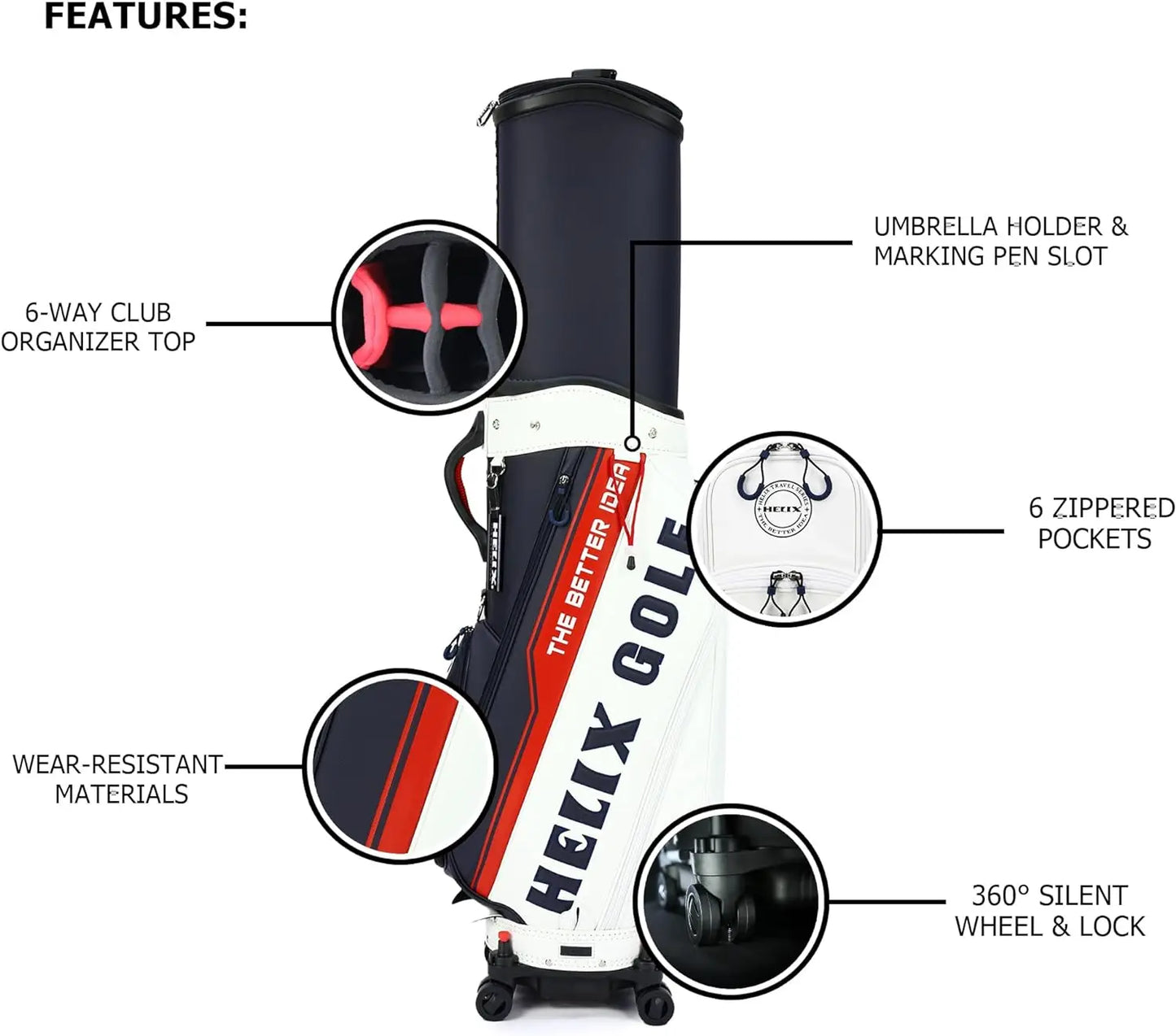 Helix Golf Bag With Wheels And Retractable Cover For Travel